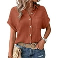 thumbnail image 3 of Tittly Womens Linen Shirt Women'S Gauze Tops Linen Button Up Shirts for Women Womens Blouses Tops Batwing Sleeve Pocket Patched Shirt Work T Shirts Double Layer Wrinkled Fabric Brown, 3 of 6