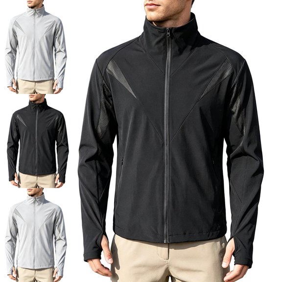 Zysthvn Full Zip Jacket for Men Lightweight Outdoor Fall Casual Mens Outerwear with Pockets Sun Protection Hiking Solid Stand Collar