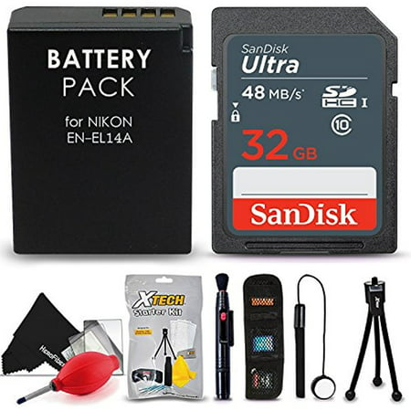 SanDisk 32GB Ultra SD Memory Card + EN-EL14 / EN-EL14a Battery + Xtech Starter Kit for Nikon D3100 D3200 D3300 D3400 D5100 D5200 D5300 D5500 D5600 Nikon Coolpix P7000 P7100 P7700