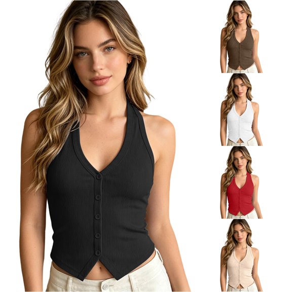WAYUTE Tank Tops for Women Button Front Backless Halterneck V Neck Knit Cropped Vest Top Solid Color Layering Work Business,Black,XS