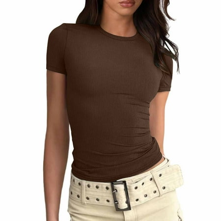 Plus Size Summer Clothes for Women Fashion Tops For Women Fitted Short Sleeve Basic Tee Slim Fit Shirts Long L Long Sleeve Hoodie Tops Tee Ware Short Lace Blouse Formal Womens Running Brown XL
