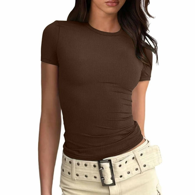 WEIYLL T-Shirt pour Femmes à Manches Courtes, Basique, Coupe Ajustée, Tunique Unie, T-Shirt Brun, Tailles G