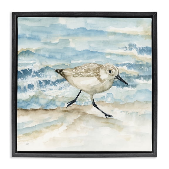 Stupell Industries Sandpiper Striding Shore Animals Painting Black Floater Framed Canvas Art Print Wall Art, 18 x 18