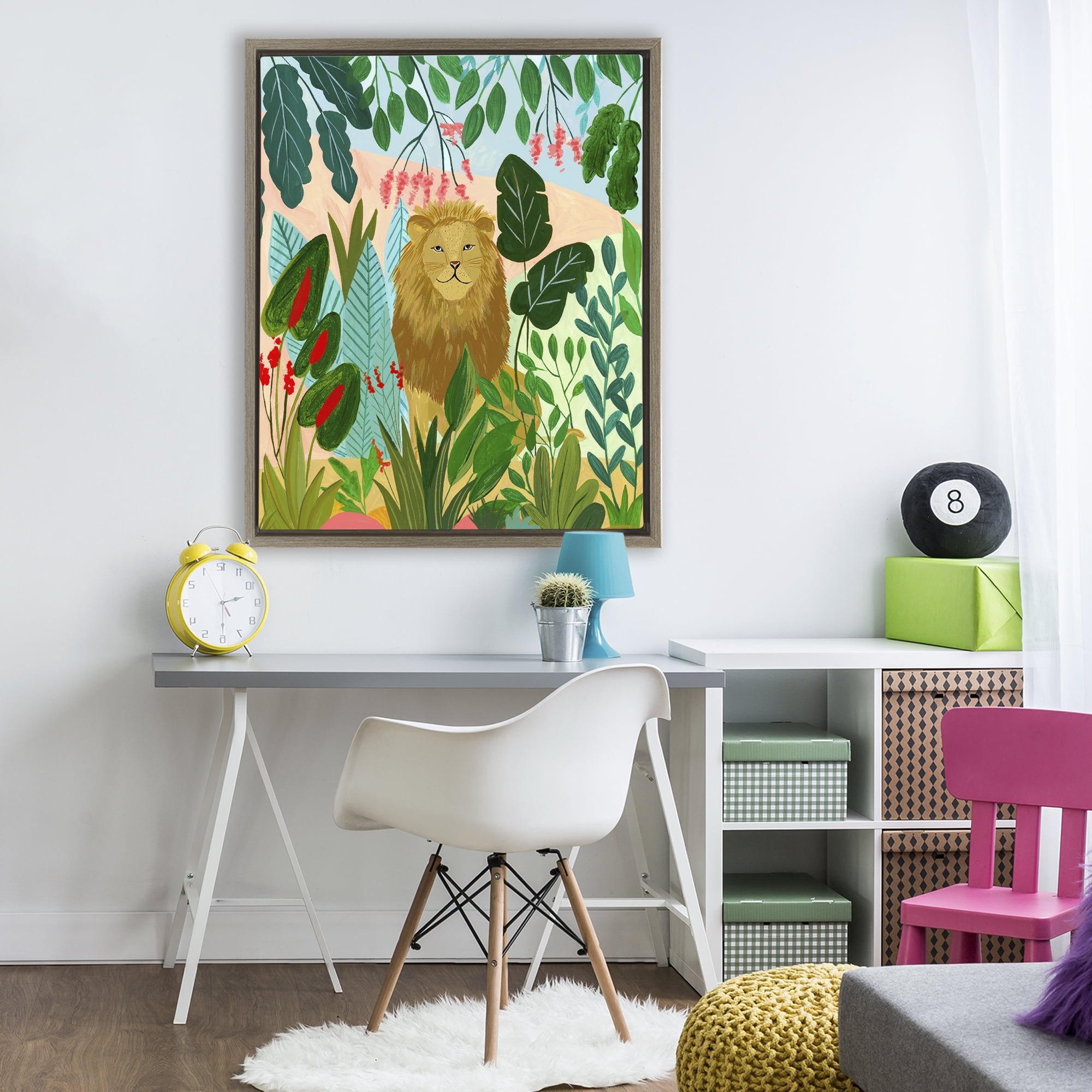 Stoic Lion Tropical Forest Brown Framed Floater Canvas Wall Art, design by Nabeela Rumi