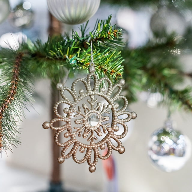 Fiudx Colgante de Copo de Nieve Navideño, Decoración Dorada Brillante, Material Irrompible, Versátil para Árbol o Corona, Ambiente Festivo, 4 Tamaños Disponibles, 1 Pieza Por Juego