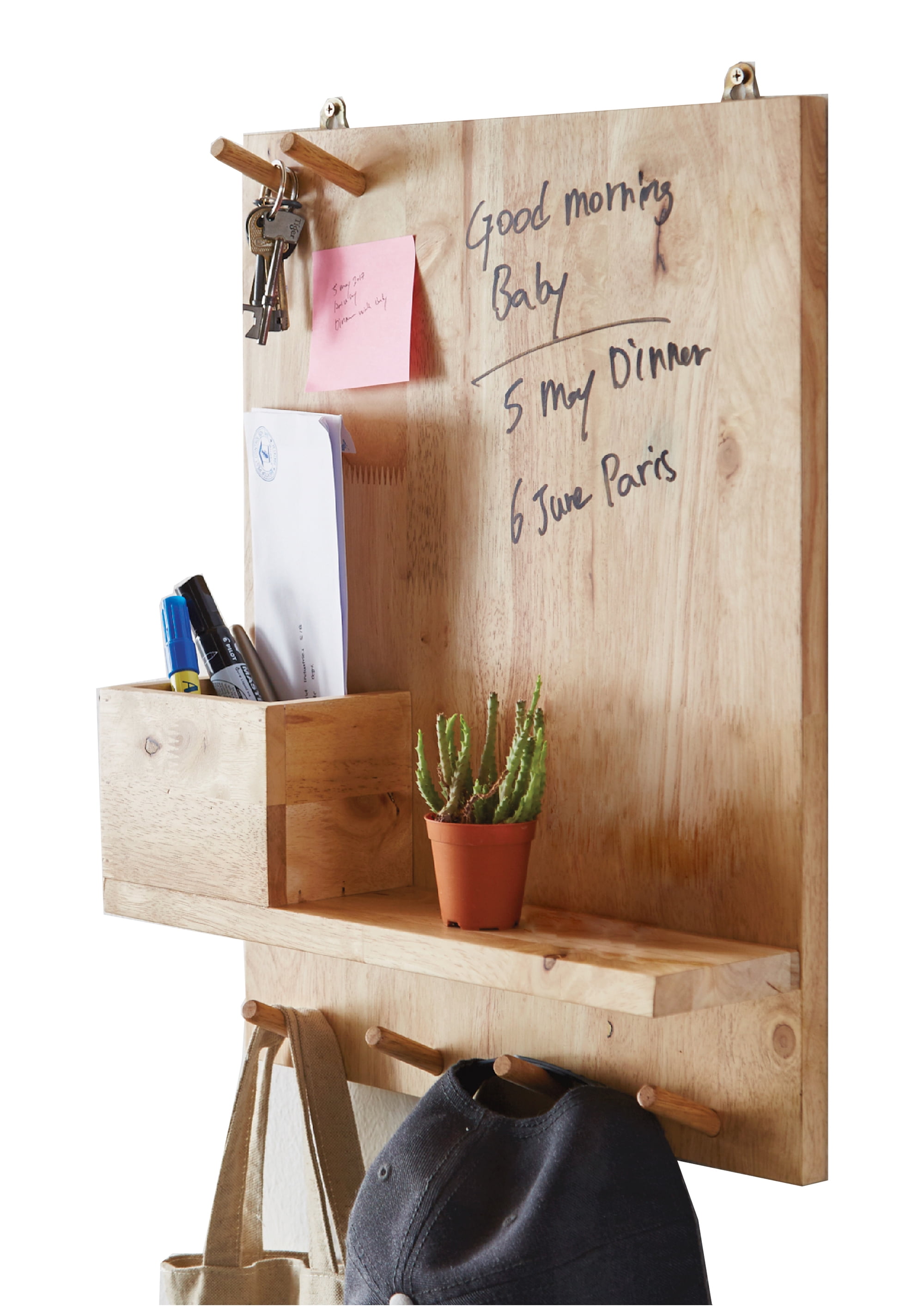 19.75" in NATURAL ALL WOOD MEMORY WALL ORGANIZER BOARD W/ HOOKS