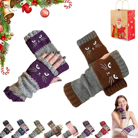 Women's Knitted Fingerless Gloves with Cute Cat Embroidery, Cozy & Soft Knit Fabric Fingerless Cat Gloves for Winter Walk