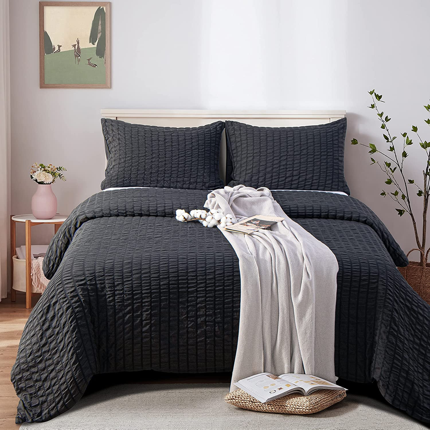 104 x 90 Inches Navy Blue Seersucker Textured Stripe Washed Microfiber Comforter Cover with Zipper Closure NTBAY 3 Pieces King Duvet Cover Set