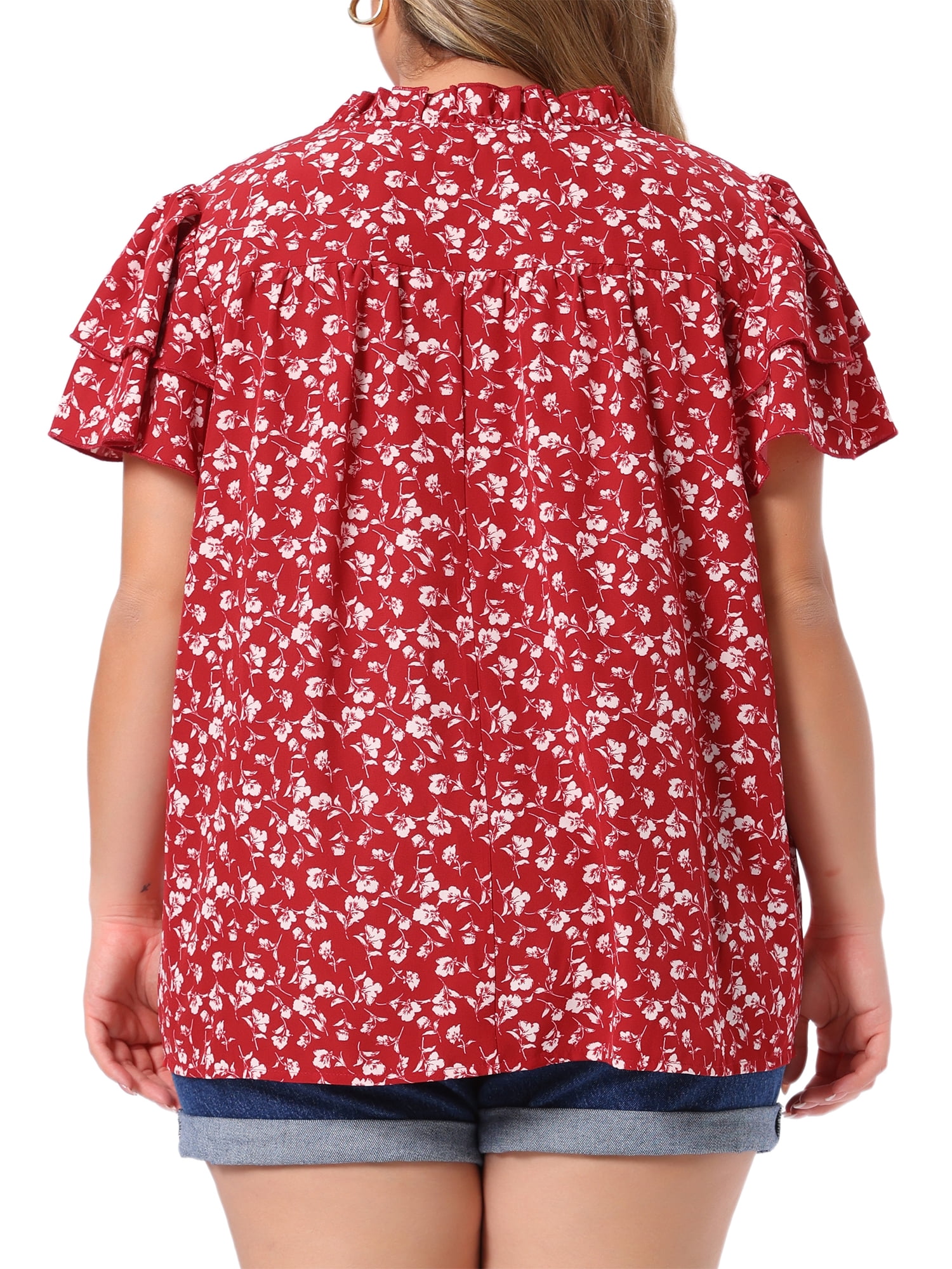 DARING DIVA Women's Plus Summer Ruffle V Neck Double Short Tops 4X Red