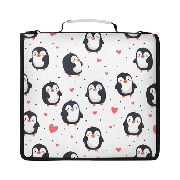 Zipper Binder with Shoulder Strap 2 inch 3 Ring Waterproof File Folder Organizer Bag 500 Sheet Cartoon Penguin Pattern