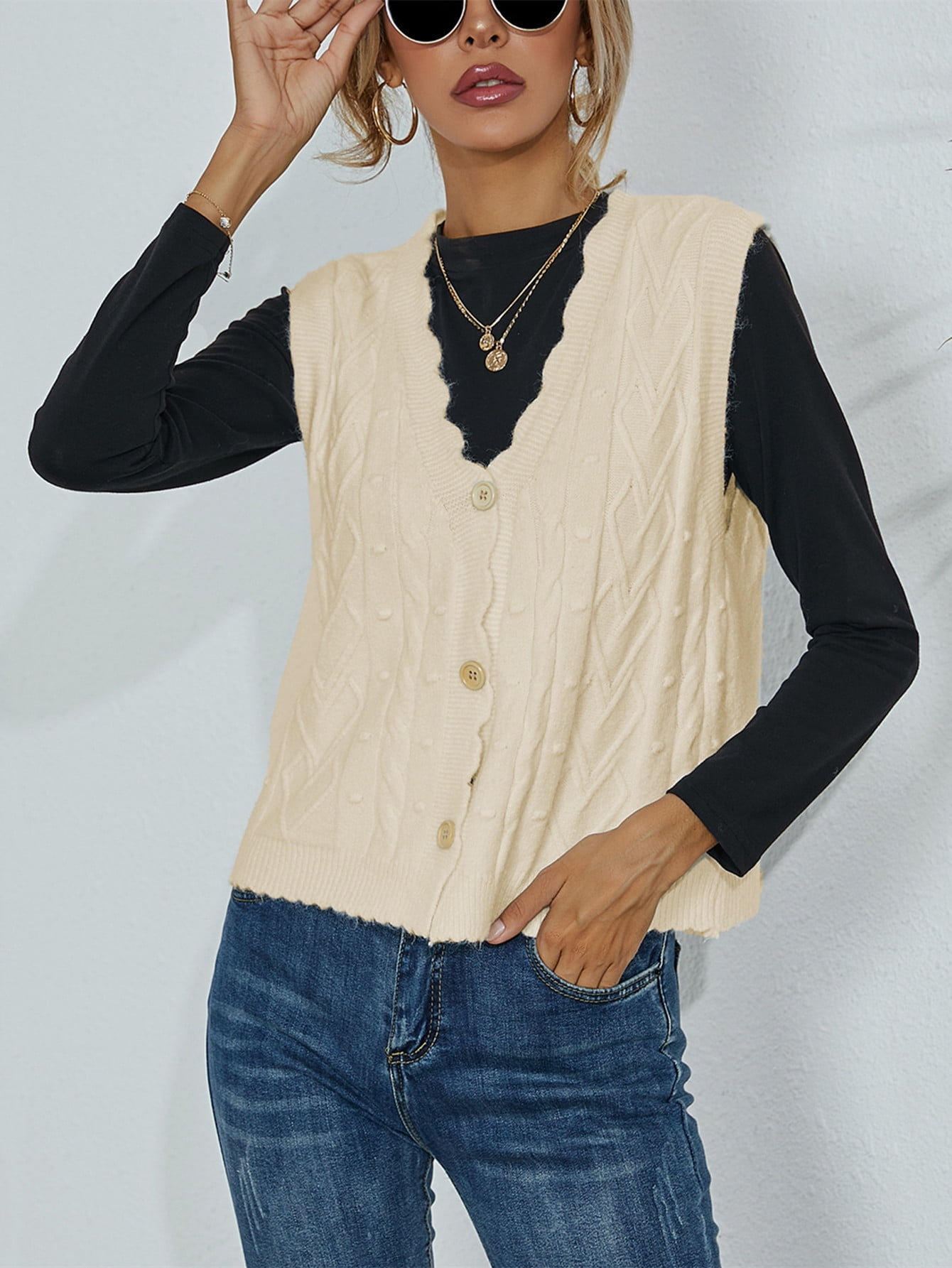 BESTSPR Sweater Vest for Women Wave Pattern Row Button Cardigan Sweater