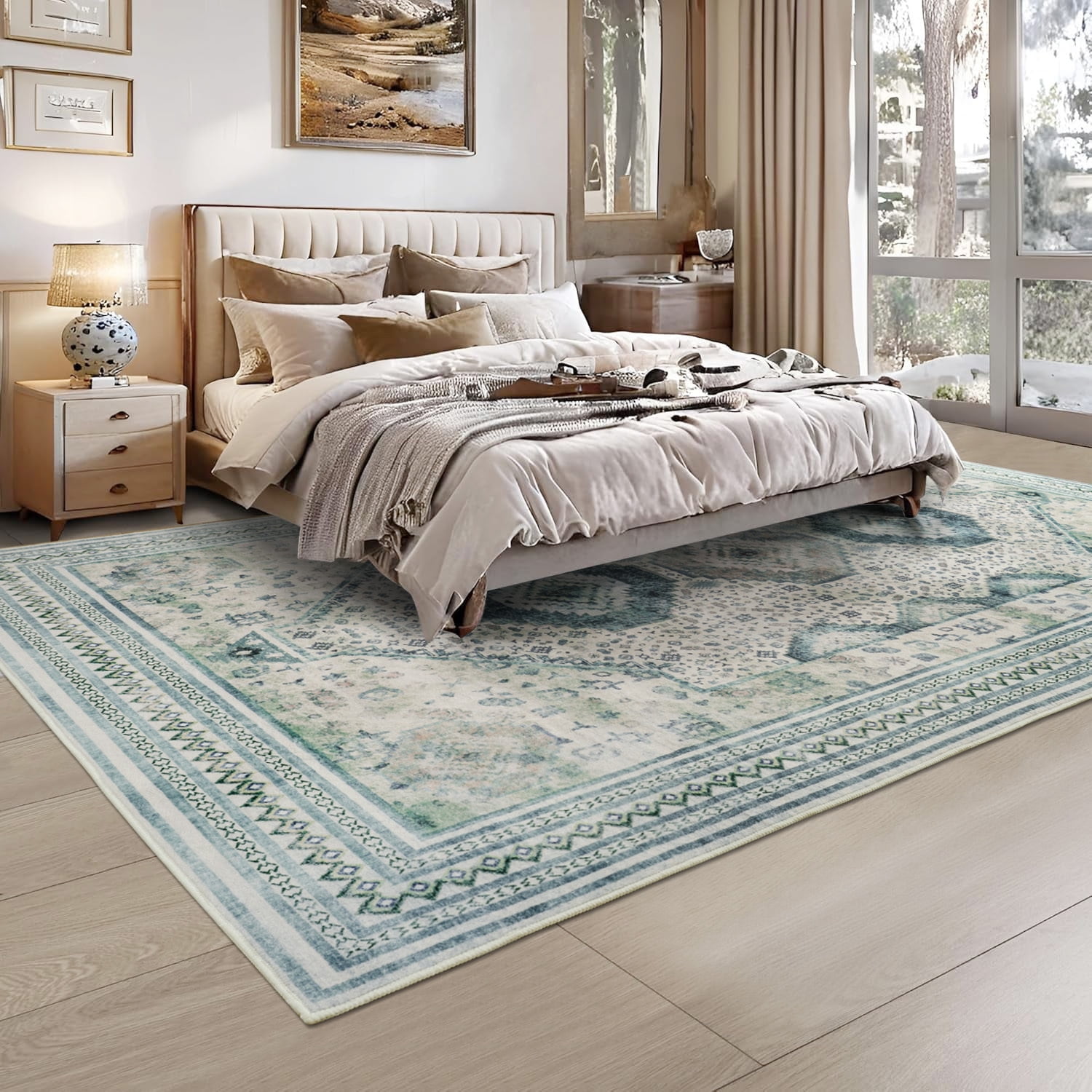Astorug 5x8 Area Rugs for Living Room, Washable Area Rug, Rugs for Bedroom, Kitchen Rugs, Vintage Boho Carpet, Soft Non-Slip, Low Pile Large Area Rug for Office Dining Room, Green