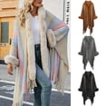 thumbnail image 5 of Xfvqtps Women Hooded Cape Faux Fur Collar Cloak Plush Cuff Fringed Hem Open Front Color Blocking Long Crochet Loose Windproof Coldproof Warm Winter Long Coat Gray, 5 of 5