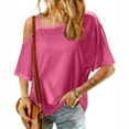 thumbnail image 4 of Women's T Shirts Off Shoulder Summer Solid Color Short Sleeve Casual Tees B-Hot Pink, 4 of 7