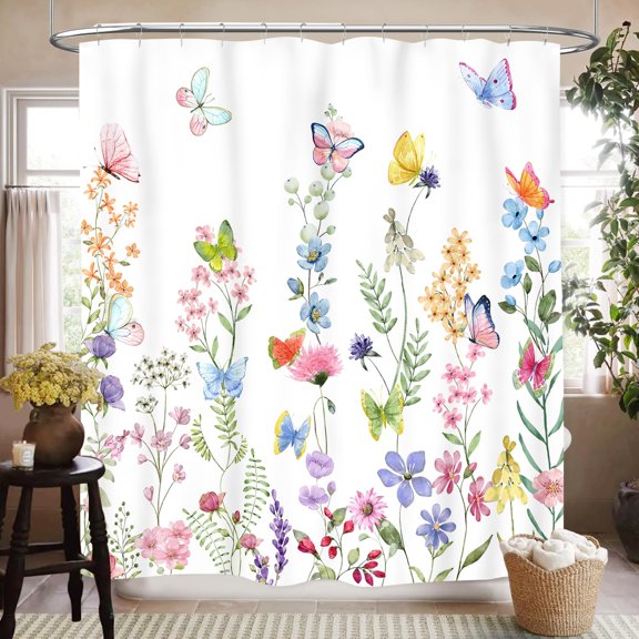 Watercolor Floral Butterfly Shower Curtain for Bathroom 71x71 inches