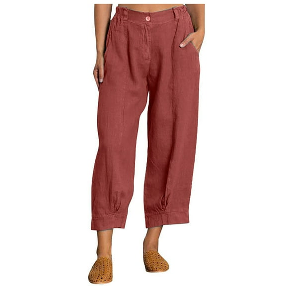 Womens Loose Linen Pants Solid Casual High Waist Wide Leg Capris Pockets Comfy Baggy Cropped Leg Loungewear Pants Outdoor(XL,Wine)