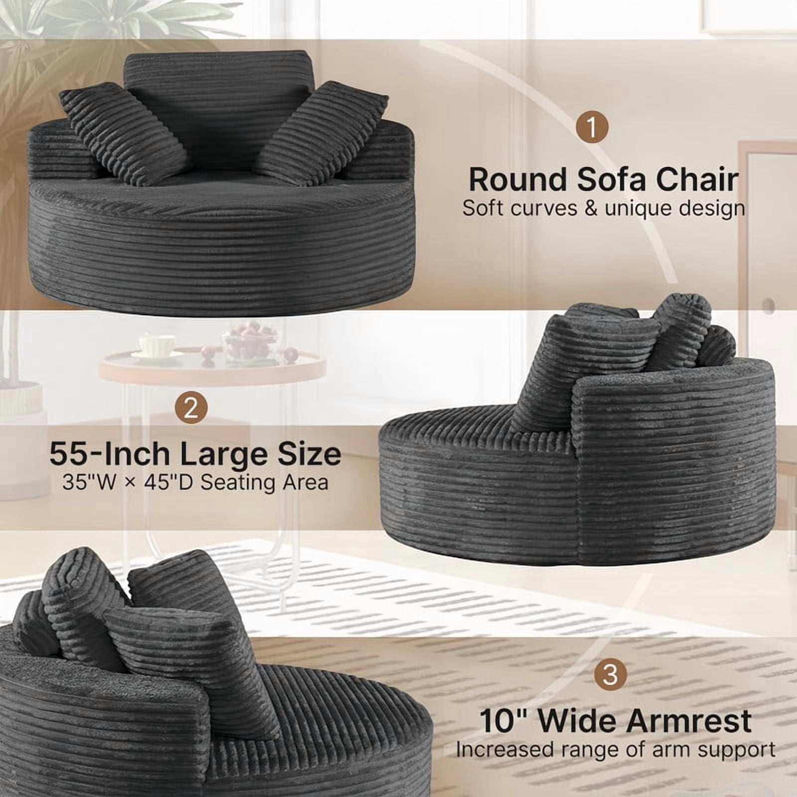 55''W Oversized Indoor Round Reading Armchair, Corduroy Upholstered Chaise Lounge, Single Lazy Sofa Chair