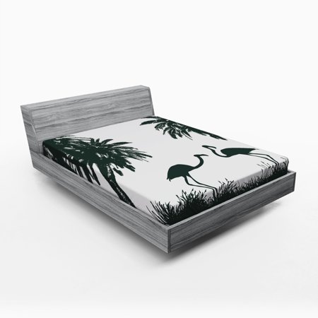 Nature Fitted Sheet Flamingo Birds and Palm Trees in Miami Exotic Tropical Natural Scenery Artwork, Soft Decorative Fabric Bedding, Black White, by Ambesonne