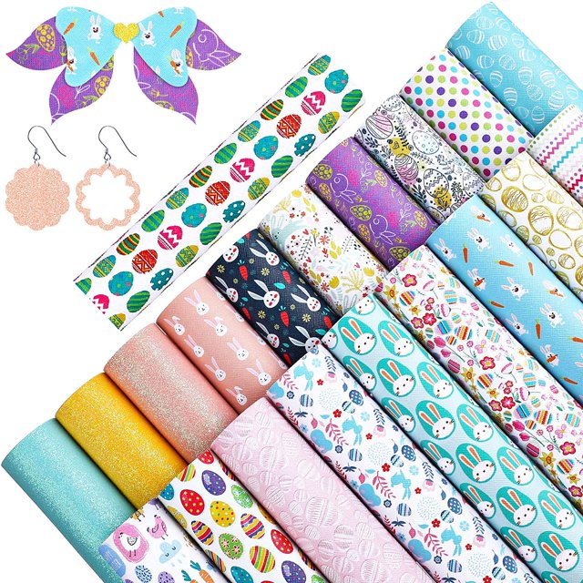 20 Pieces Easter Faux Leather Sheets Easter Eggs Printed Synthetic Leather Sheet Bunny Faux Leather Fabric Sheet Rabbit Print Faux Leather Sheet for DIY Easter Craft Making, 8.3 x 6.3 Inch