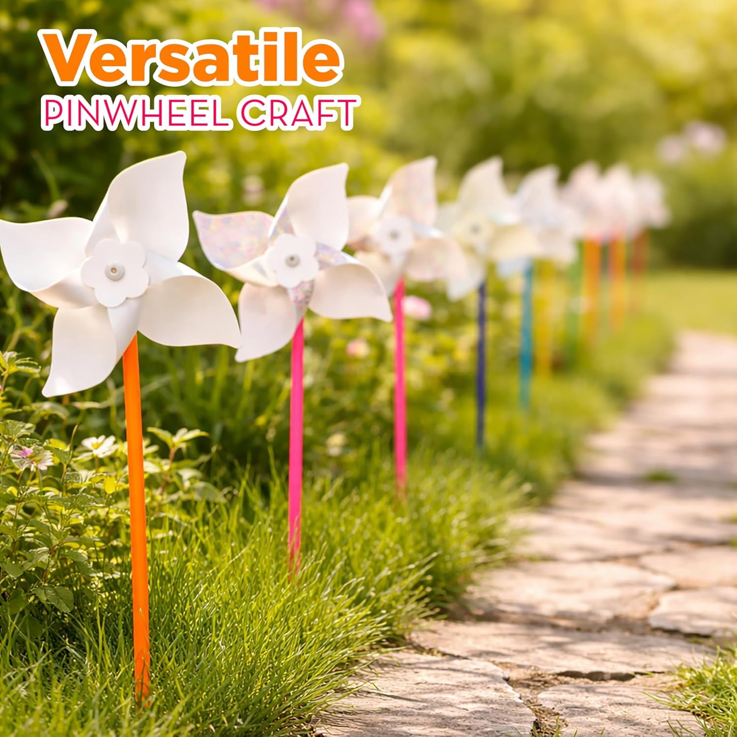 4E's Novelty 24 Pack DIY Pinwheels Craft for Kids, Bulk Summer Pinwheel Craft Kit, Colour Your Own Paper Windmill