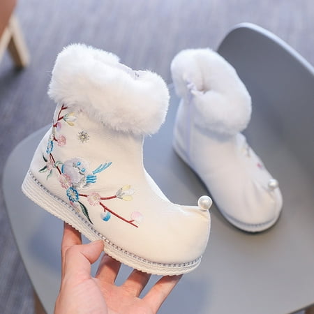 

LYCAQL Toddler Shoes Girls Shoes Warm Cotton Boots Embroidered Boots National Style Boots Princess Cotton Boots Kid Girl Boots Size 2 (White 1.5 Big Kids)
