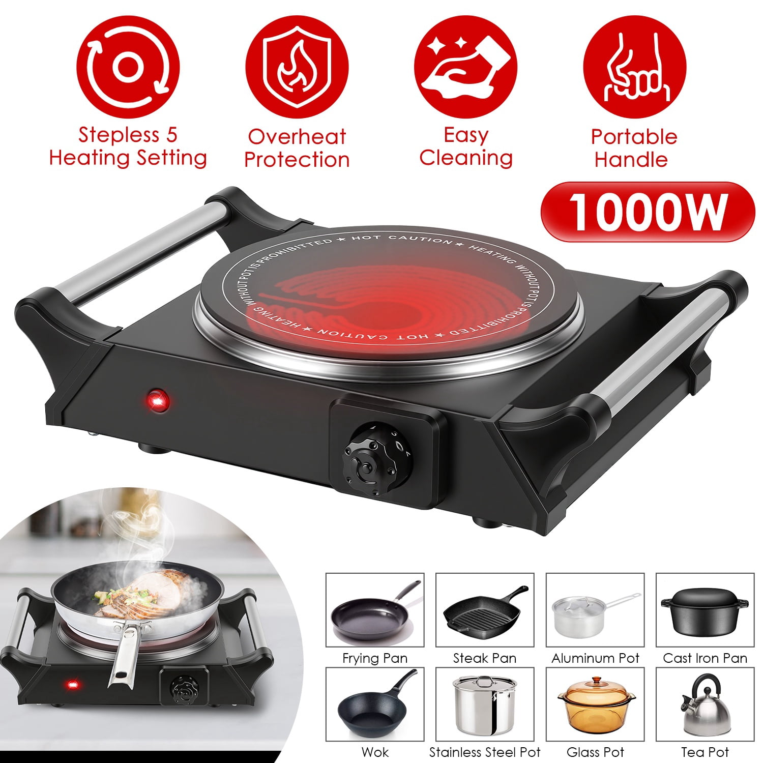 1000W Portable Electric Hot Plate with Adjustable Temperature, Handles, for Home, RV, or Countertop Cooking