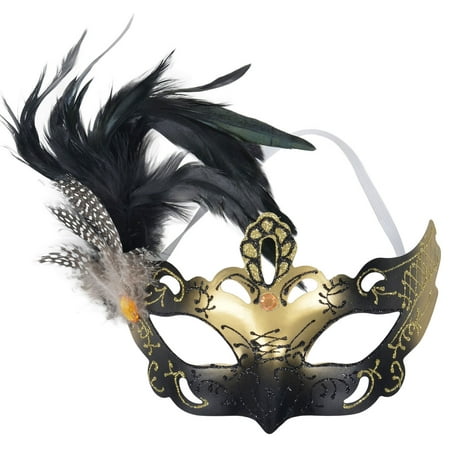 AshopZ Women's Masquerade Venetian Costume Party Feather Half Face Mask, Black