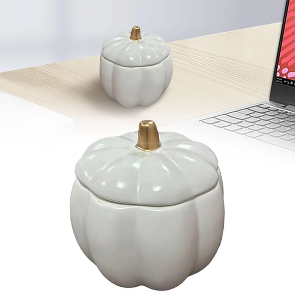Ceramic Pumpkin Jar with Lid, Candle Holder, Fall & Halloween Decorative Storage Container for Candles & More White