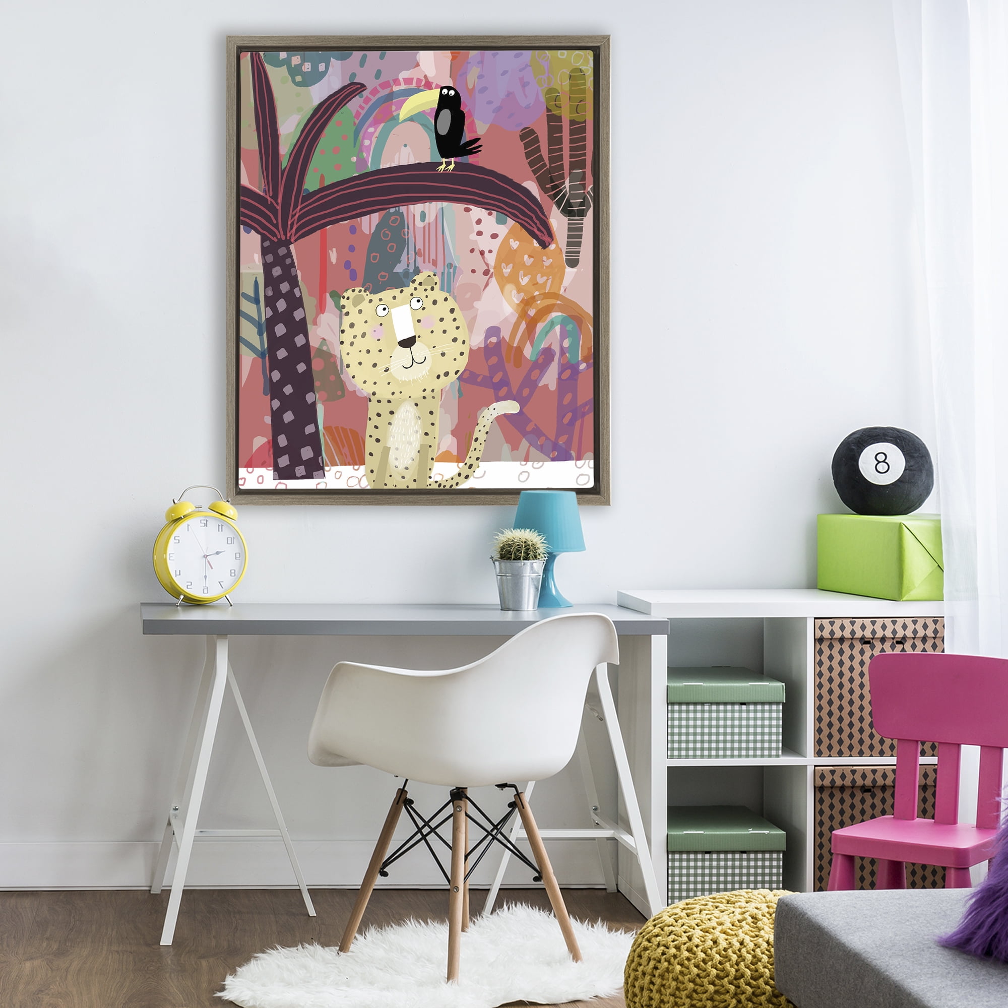 Whimsical Cheetah & Toucan Brown Framed Floater Canvas Wall Art, design by Carla Daly