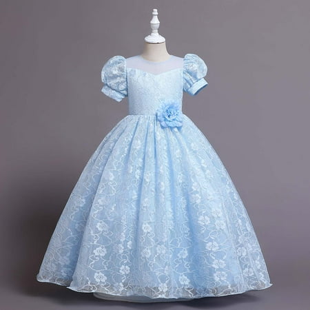

KONBECA Toddler Girls Puff Sleeve Princess Dress Little Girls Party Wedding Dress Short Sleeve Net Gauze Dress Kids Pageant Flower Girl Dress Birthday Christmas Gifts for Girls Blue (6-7 Years)