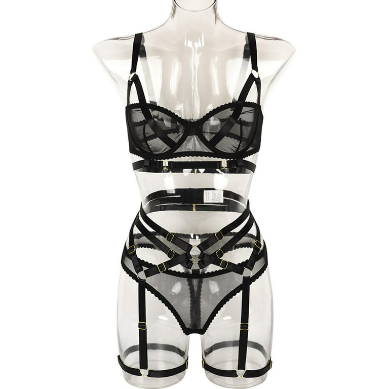 Hfyihgf Womens 3 Piece See-Through Sexy Lingerie Set with Garter Belt  Strappy Floral Lace Bra and Panty Sets Underwear Nightwear(Black,XXL) 