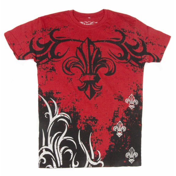 Sakkas Fleur de Lis Tree Branches Metallic Silver Embossed Cotton Mens T-Shirt - Red - XL