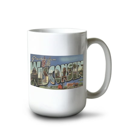 

15 fl oz Ceramic Mug Greetings from Wisconsin Vintage Halftone Dishwasher & Microwave Safe