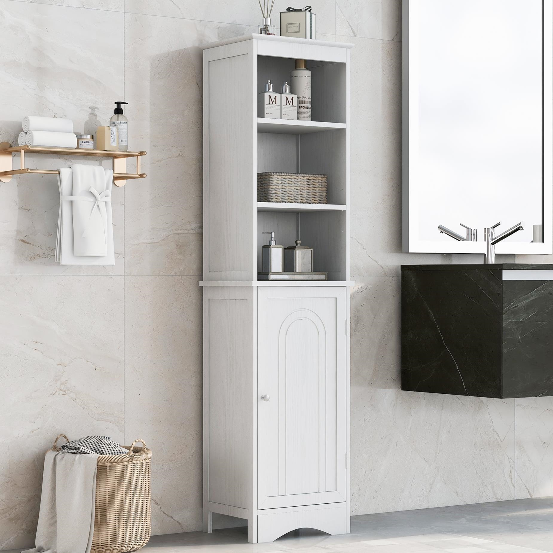 Details about   Haotian White Floor Standing Tall Bathroom Storage Cabinet with 3 Shelves and... 