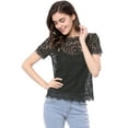 thumbnail image 4 of MODA NOVA Junior's Scalloped Trim Short Shirred Sleeves Sheer Floral Lace Blouse Black M, 4 of 6