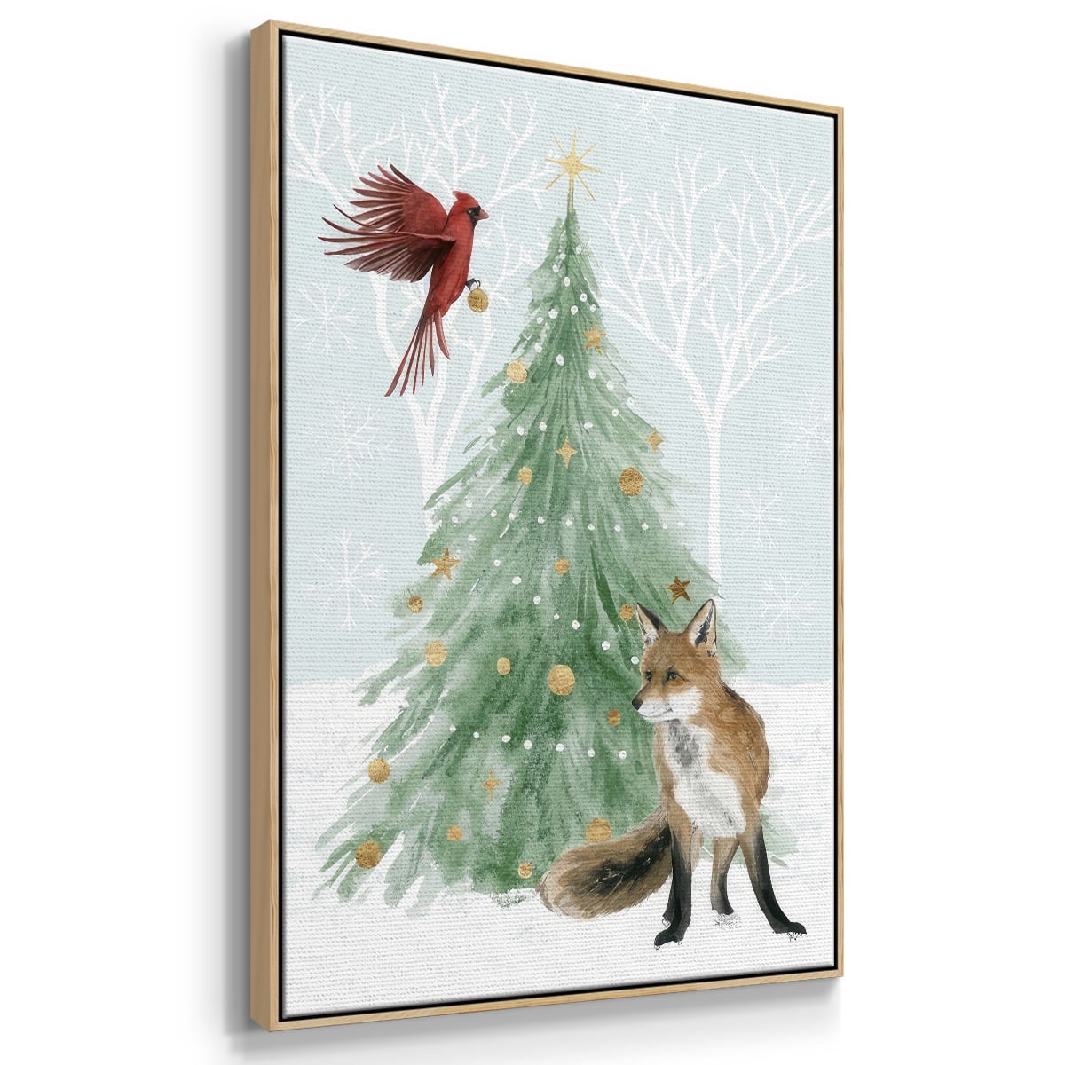 Christmas in the Forest Collection B - Framed Gallery Wrapped Holiday Canvas - 25 x 37 - Natural Wood Frame