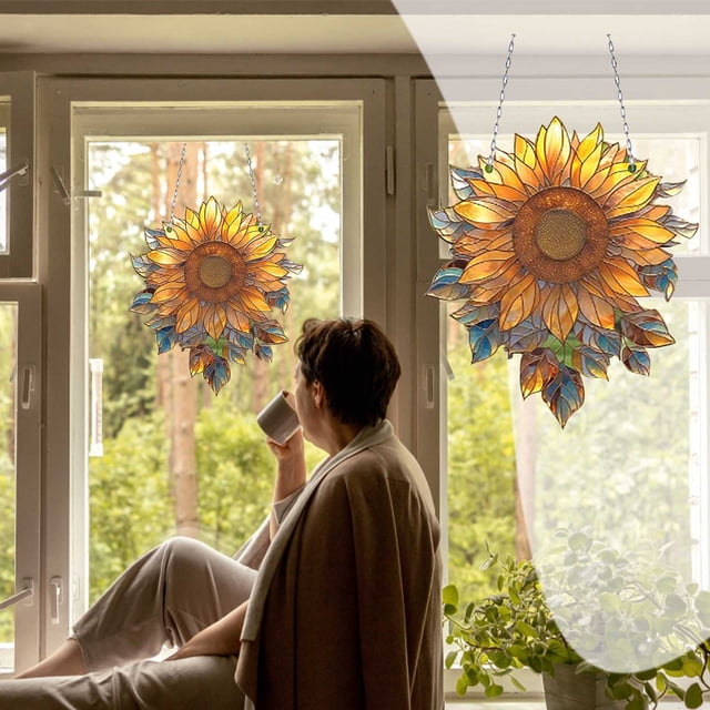 Adorno de Girasol con Cadena de Hierro para Ventana, Porche o Coche | Adorno Acrílico de Girasol para Coche, Hogar U Oficina | Colores Resistentes a La Decoloración | Fácil de Colgar | Peso: 20 G | I