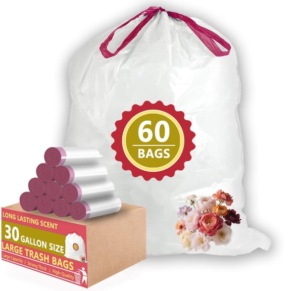 30 Gallon Large Garbage Bags with Floral Scent  (60 Count), Heavy Duty Drawstring Trash Bags, White
