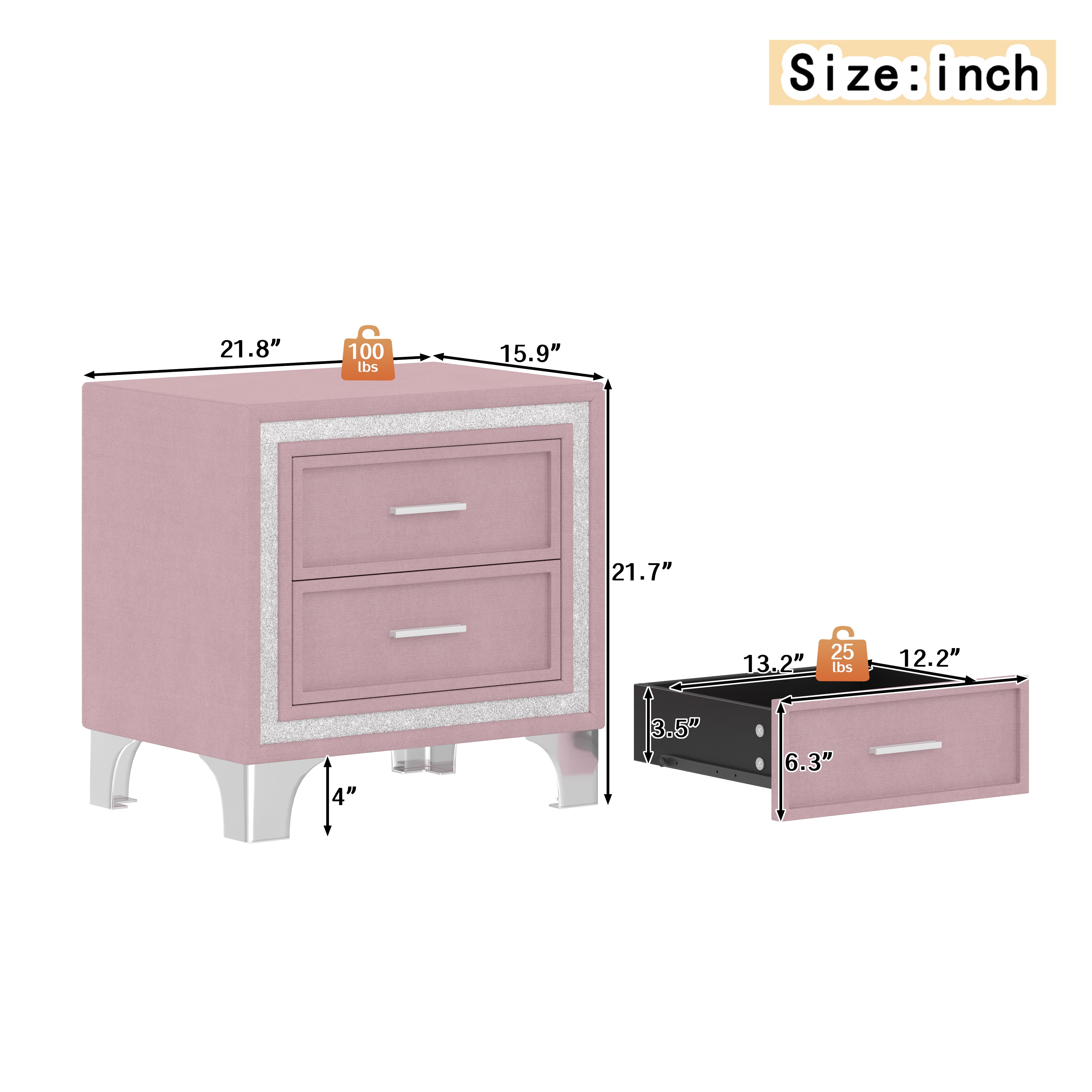 Euroco Mid Century Nightstand with with Silver Glitter Strip Decor,Rectangular Simple End Bedside Table with 2 Drawers,Pink