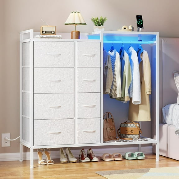8-Drawer Dresser with Hanging Rack, Tall Dresser with Charging Station & LED Lights, 42" W Dressers with Wooden Top for Clothes Storage, Fabric Chest of Drawers for Bedroom, Kids Room, White