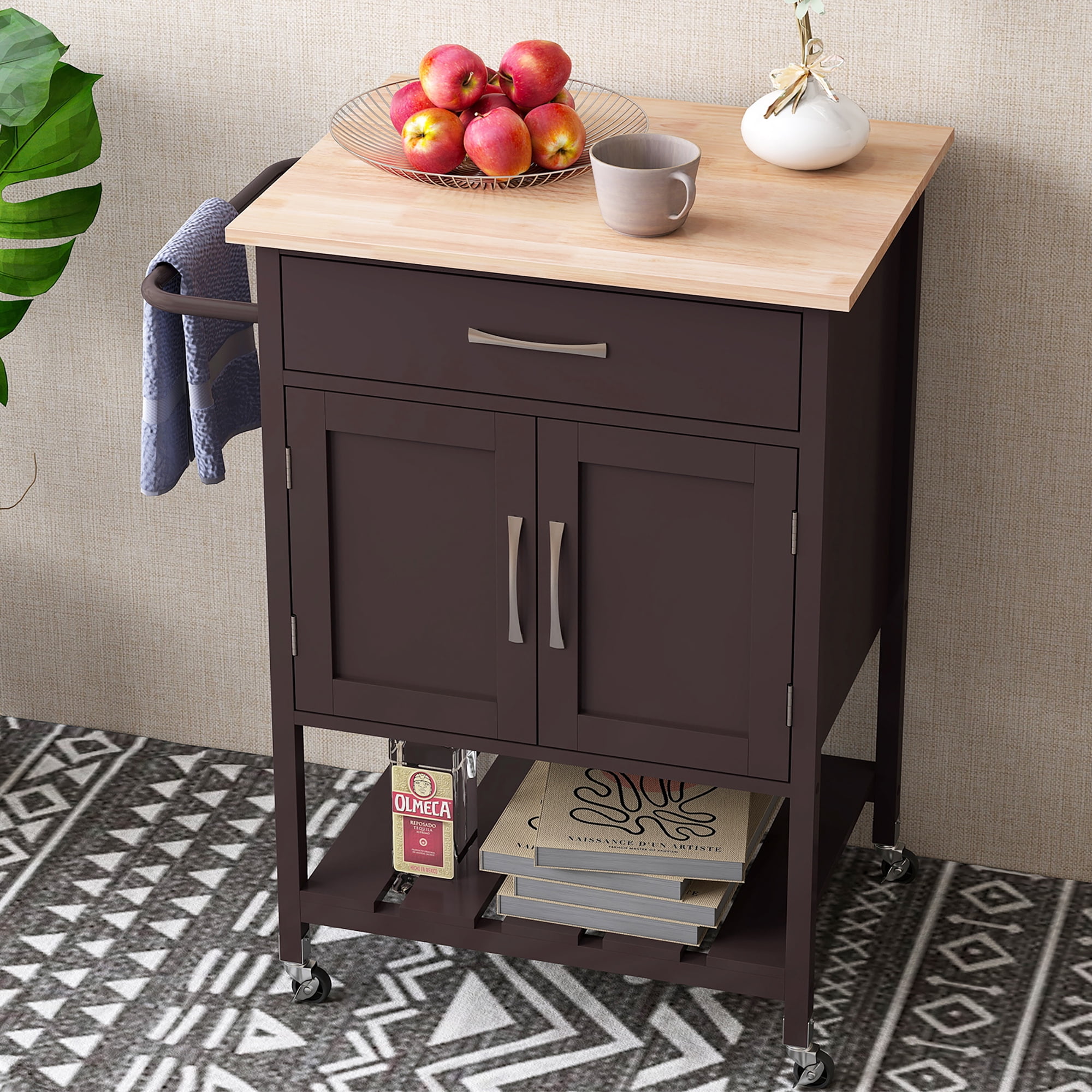 Gymax Rolling Kitchen Island Cart w/ Drawer 2-Door Storage Cabinet Bottom Tray Brown