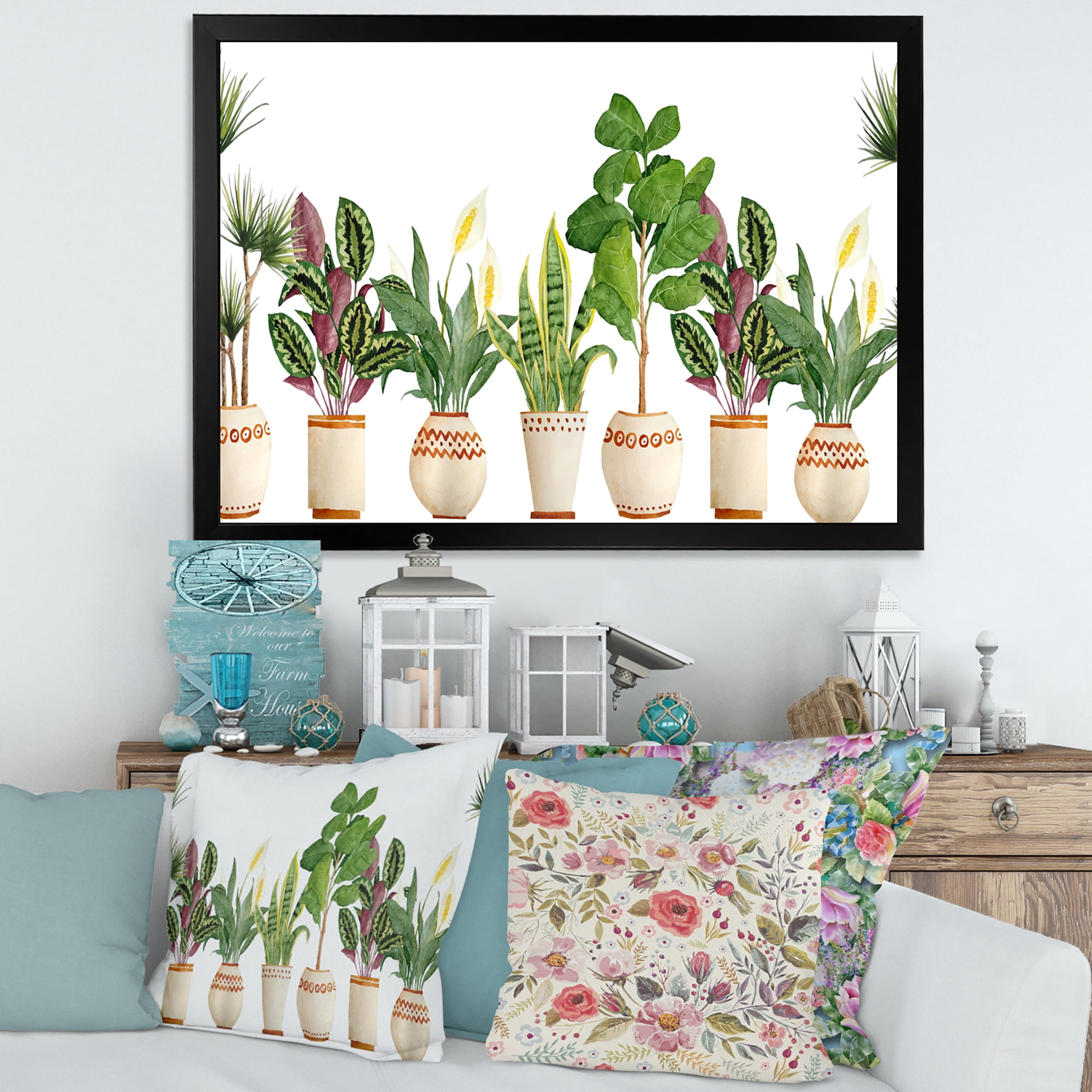 Designart 'Trio of Houseplants Sanseviera Snake Plants On White' Farmhouse Framed Art Print