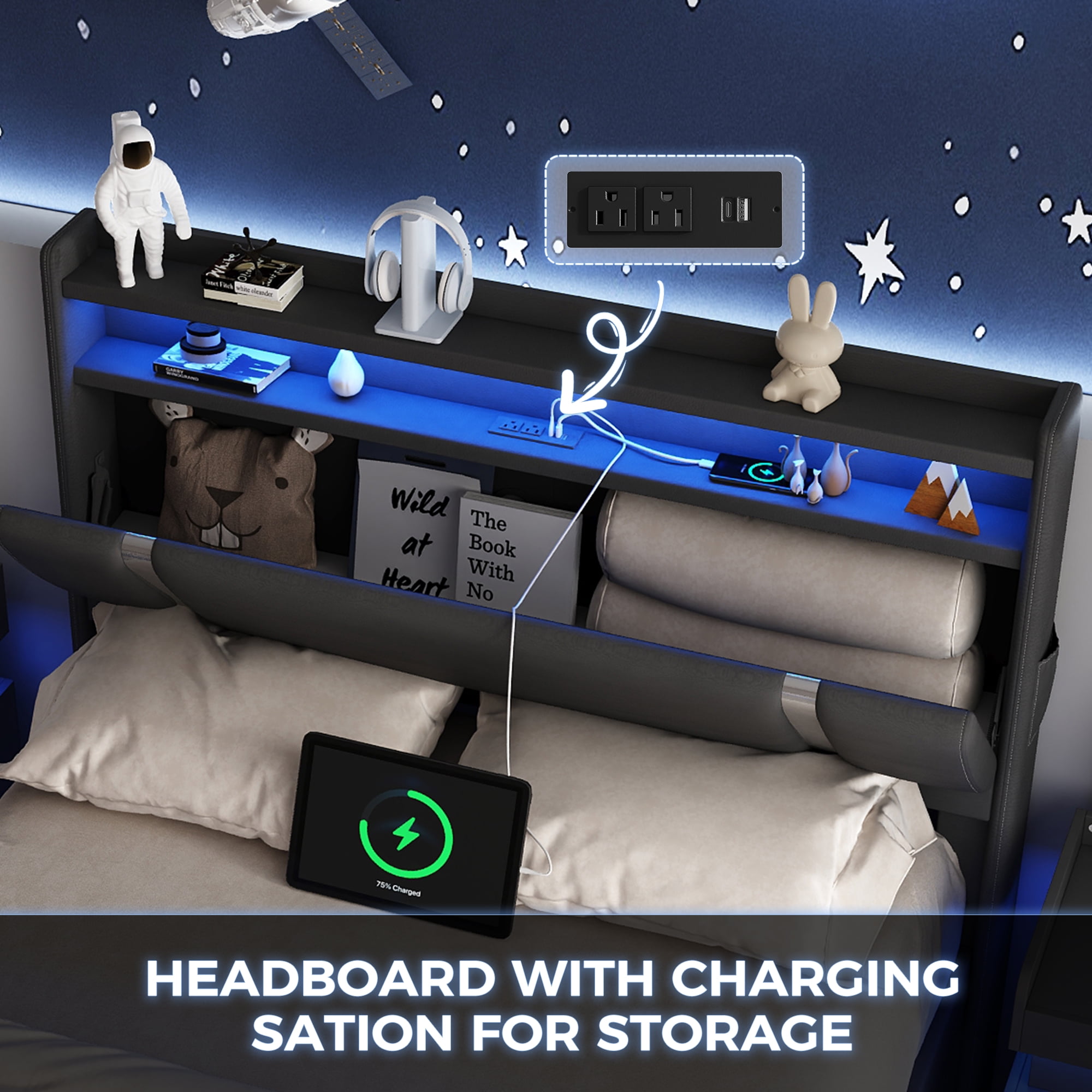 IDEALSOUL Full Size Floating Bed Frame with Upholstered Storage Headboard, Metal Platform Bed with Charging Station & LED,No Box Spring Needed,Easy to Assemble (Full,Black)