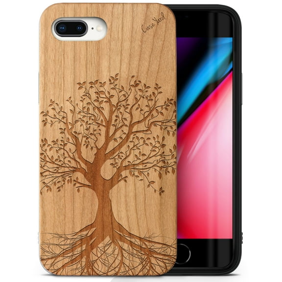 Case Yard Wooden Case Outside Soft TPU Silicone, Slim Fit Shockproof Wood Protective Phone Cover for Girls Boys Men and Women, Supports Wireless Charging Tree Design case for iPhone-8-Plus