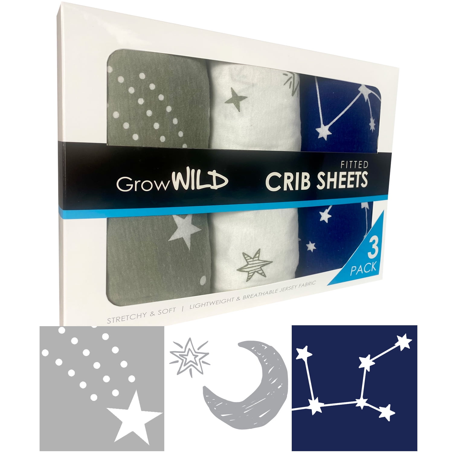 Crib Mattress Sheet or Toddler Bed Sheets 3 Pack Soft Jersey Cotton Fitted Crib Sheets Neutral GROW WILD Crib Sheets for Boys or Girls Ocean Whale Narwhal White Blue Baby Crib Sheets for Girl 