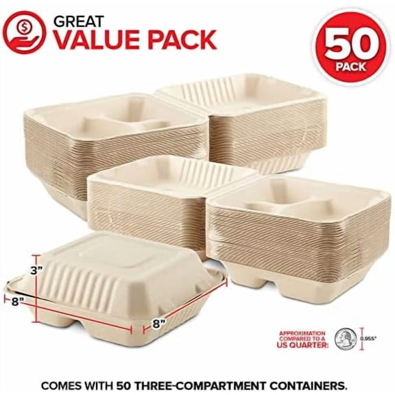 Clamshell Take Out Food Containers 8 x 8 (50 Pack) 3-Compartment, Disposable To Go Container, Togo Boxes With Lids, Trays for Lunch, Dinner, Meal-Prep, Eco Friendly, Compostable, Biodegradable