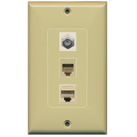 RiteAV - 1 Port Coax Cable TV- F-Type Phone RJ11 RJ12 and 1 Port Cat5e Ethernet Decorative Wall Plate - Ivory