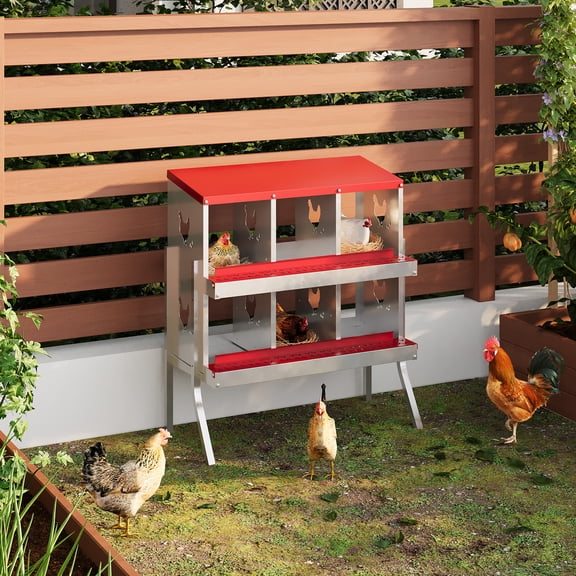 Lumiparty 6 Compartment Metal Chicken Nesting Box with Legs, Rollaway Design for Easy Egg Collection, Red