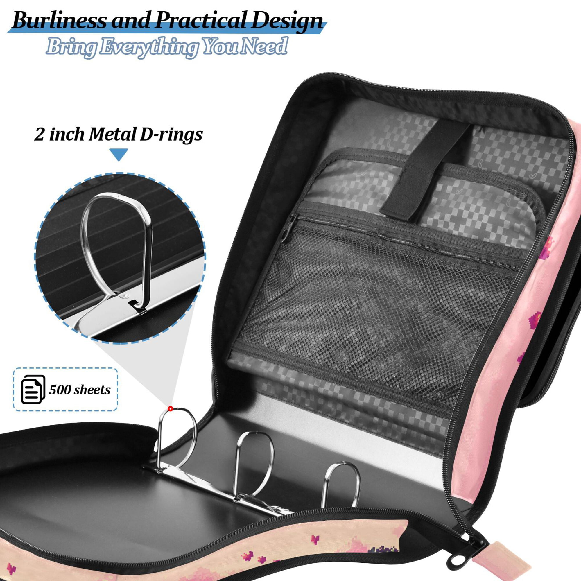 FORMRS Zipper Binder with Shoulder Strap 2-inch Ring 500 Sheet Capacity File Bag, Pixel Floating Hearts