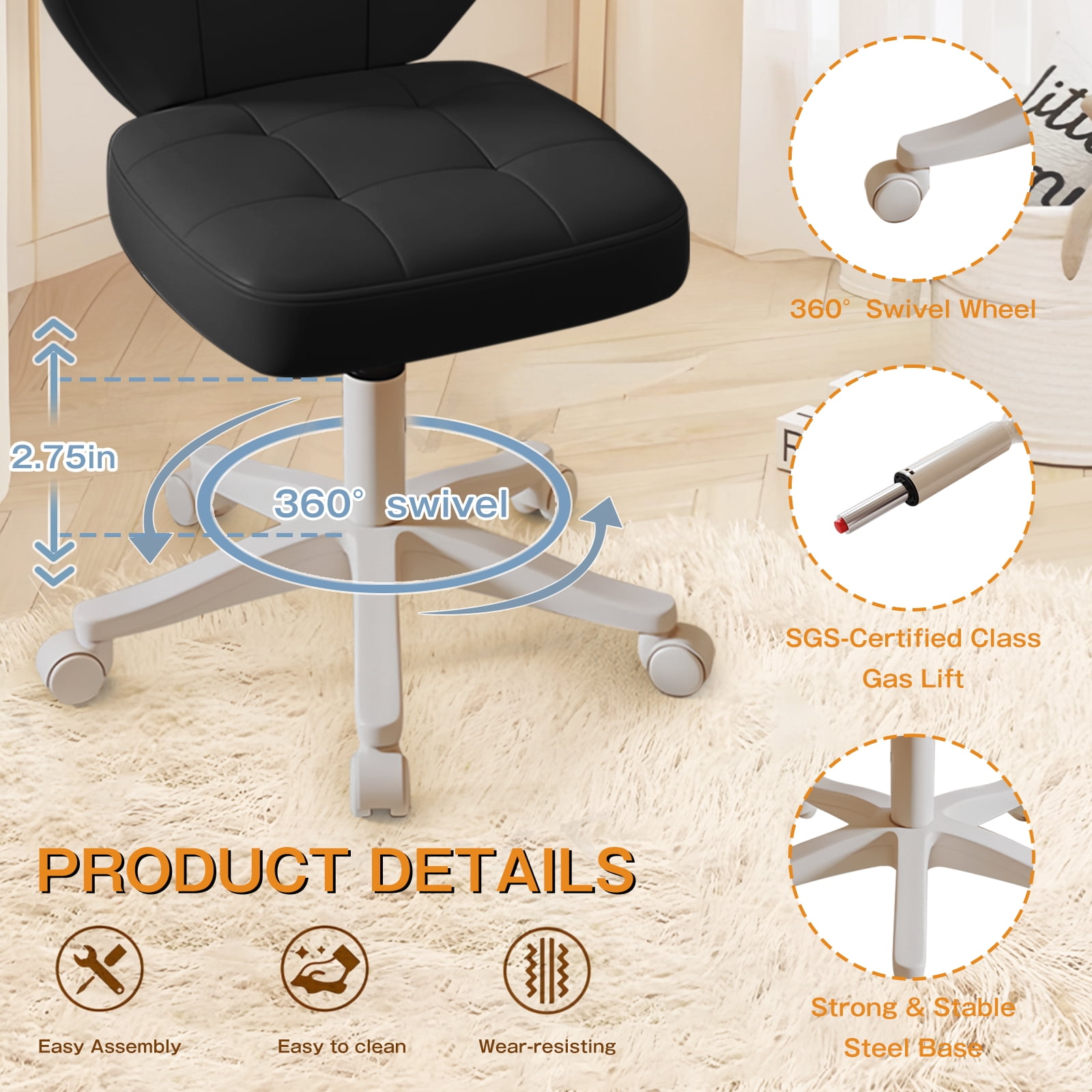 Vanity Chair with Back – Small Armless Office Chair with Wheels, Lumbar Support, PU Leather, Adjustable Height, 360° Swivel for Home, Bedroom, Office Black